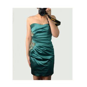 Strapless Green silk mini Dress, hand beaded / Size 2